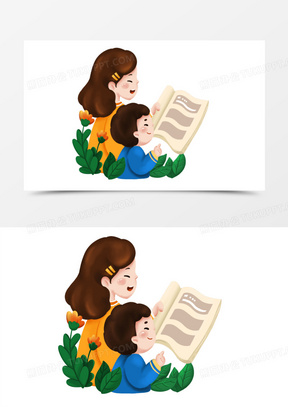 卡通手绘妈妈跟孩子讲亲子故事素材