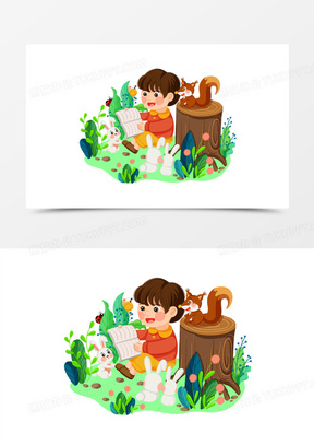 手绘插画风小朋友给动物讲故事元素