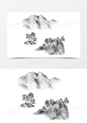手绘黑白水墨山水风景免抠元素
