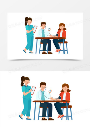 手绘卡通体检医生量血压素材