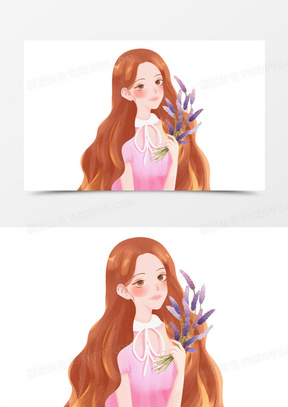 手绘插画风唯美女性手拿鲜花素材