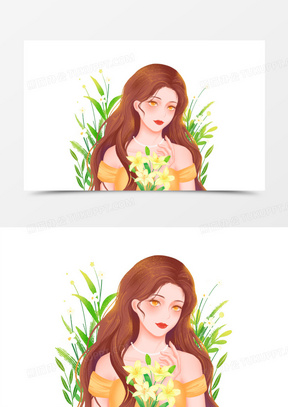 手绘插画噪点肌理风唯美女性手捧花手绘元素