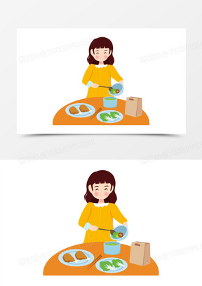 卡通手绘矢量女孩打包剩余饭菜免抠元素