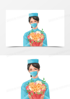 手绘插画风捧花的女护士免抠素材