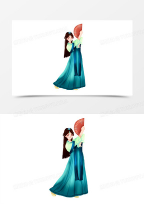 手绘女孩穿汉服跳扇子舞插画元素