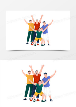 卡通手绘免抠一群男孩欢呼元素