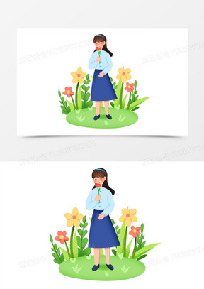 卡通优雅女孩闻花香免抠素材