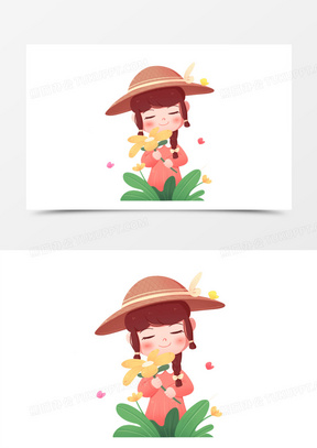 卡通手绘小女孩闻花香素材