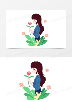 130卡通手绘小女孩闻花香素材01卡通扁平插画风女孩闻花香免抠元素10