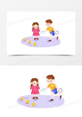 手绘卡通儿童玩套圈游戏素材260手绘卡通小男孩玩套圈游戏插画免抠