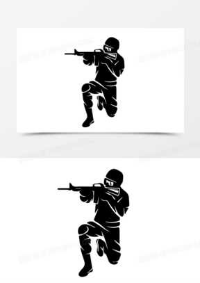 手绘黑白半蹲射击打枪剪影元素