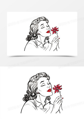 50手绘插画风女孩闻花香免抠元素61手绘插画风女生闻花香插画元素60