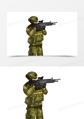 手绘插画风穿迷彩服射击场景元素