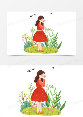 手绘卡通插画风春天女孩闻花香免抠元素