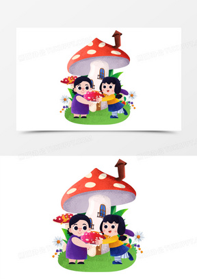手绘卡通采蘑菇的小姑娘免抠素材