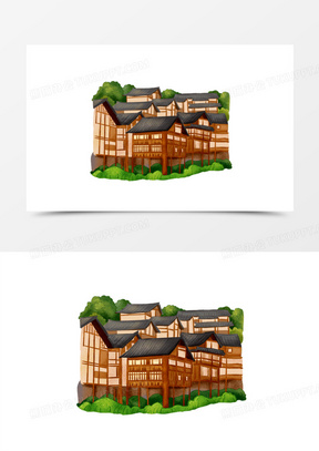 手绘插画风吊脚楼元素