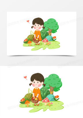 插画采蘑菇的小姑娘人物场景素材10卡通梦幻蘑菇房和采蘑菇的小姑娘免