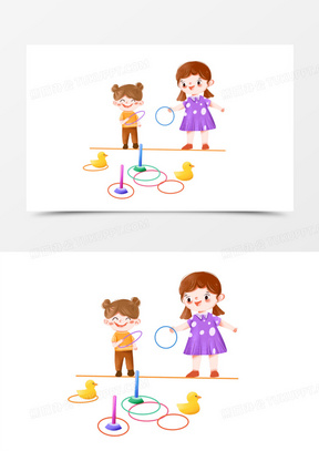 142手绘卡通小朋友一起玩套圈游戏元素471手绘插画风儿童套圈游戏素材