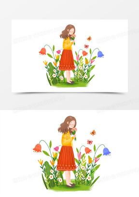 卡通闻花香的职场女性免抠素材80卡通春天闻花香的小女孩免抠元素60