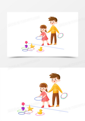 手绘卡通爸爸和女儿一起玩套圈游戏免抠元素