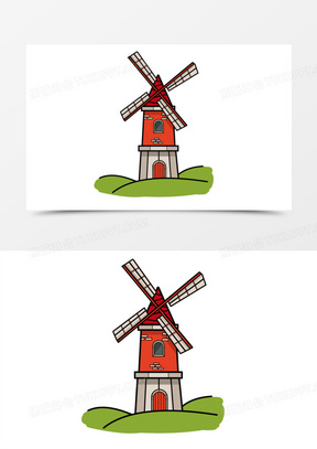 手绘卡通风车插画元素