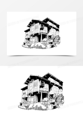 手绘新素描线稿吊脚楼免抠素材
