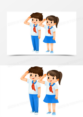 卡通敬礼的男女学生免抠元素