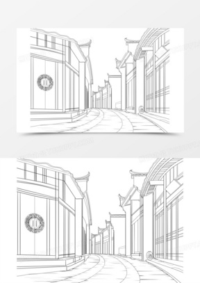 手绘古风街道线稿元素