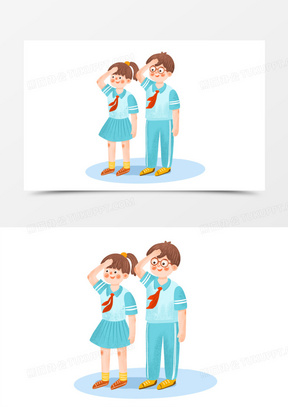 手绘卡通学生系红领巾敬礼场景插画免抠元素