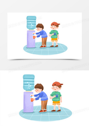 手绘卡通小朋友接水喝插画免抠元素