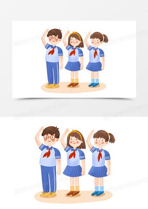 手绘卡通学生系红领巾敬礼场景插画免抠元素