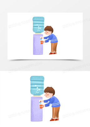 卡通手绘免抠男孩接水喝素材