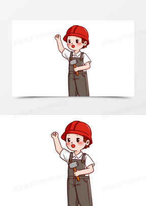 卡通手绘可爱工人举手拿着锤子免抠元素