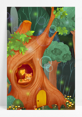 梦幻的插画卡通可爱的树洞森林背景
