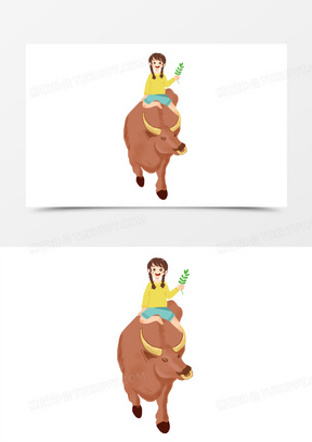 卡通女孩骑在牛身上免抠元素