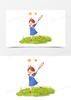 手绘卡通扑蝴蝶少女免抠元素