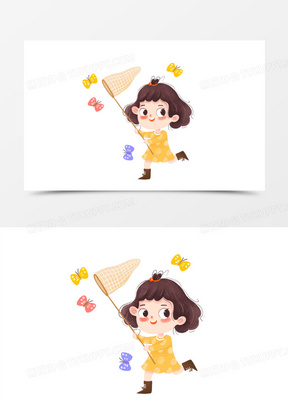 卡通手绘免抠捕蝴蝶的女孩子元素