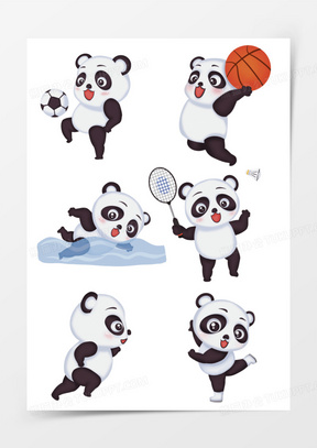 手绘创意熊猫运动套图免抠元素