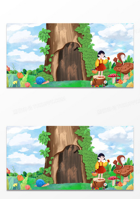 手绘卡通树洞松鼠与女孩背景