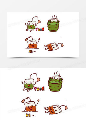 一组卡通手绘可爱茶包颜表情系列图元素