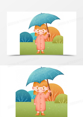 190卡通手绘女孩拿着叶子挡雨滴免抠元素281雨水之手绘卡通男孩雨中