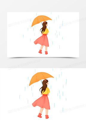 手绘卡通打伞的女孩背影免抠素材