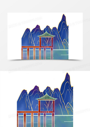 手绘国潮青山亭子免抠元素