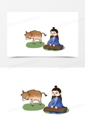 卡通手绘对牛弹琴成语故事场景元素