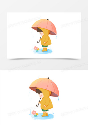 手绘雨天打伞的小孩插画元素