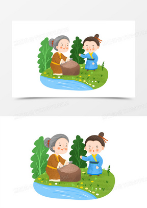 手绘卡通成语故事铁杵磨成针免抠元素