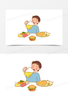 卡通男生大鱼大肉狂吃元素