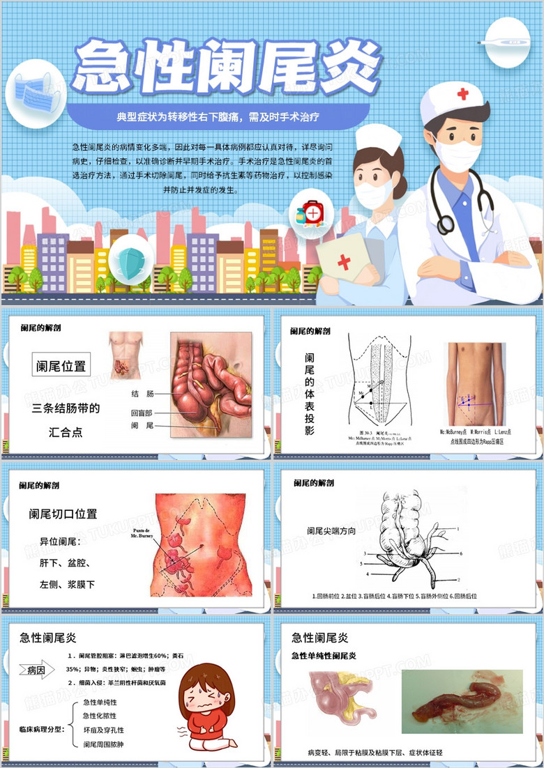 蓝色卡通风急性阑尾炎PPT模板