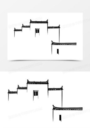 手绘水墨徽派建筑素材