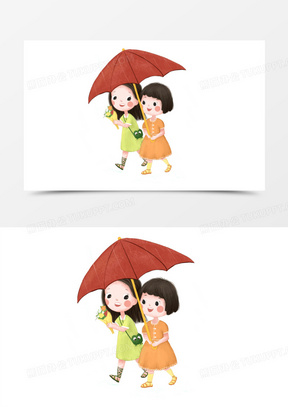 手绘卡通插画风打伞的女孩儿们免抠元素